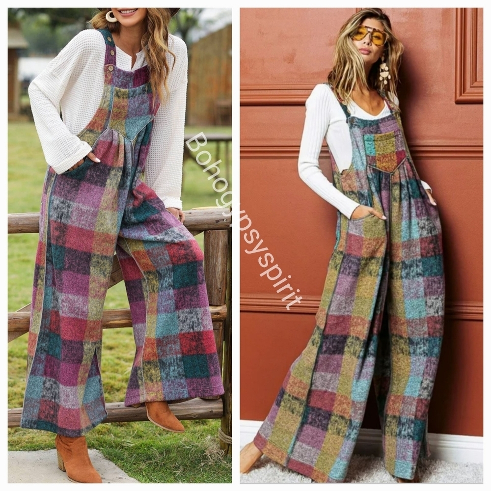 Patchwork Plaid Fleece Wideleg Jumpsuit Overalls - Picture 8 of 16